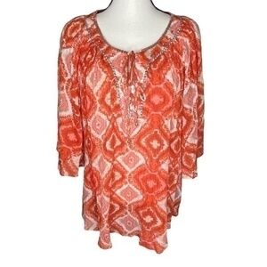 Notations Top Orange Geometric Print Sequin Details Half Sleeve Peasant Blouse